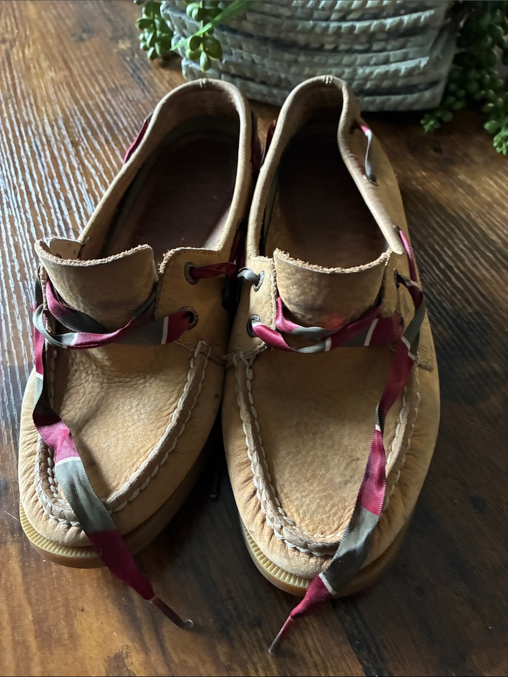 Women's Tan Leather Moccasin Boat Shoes with burgundy and olive green Accent